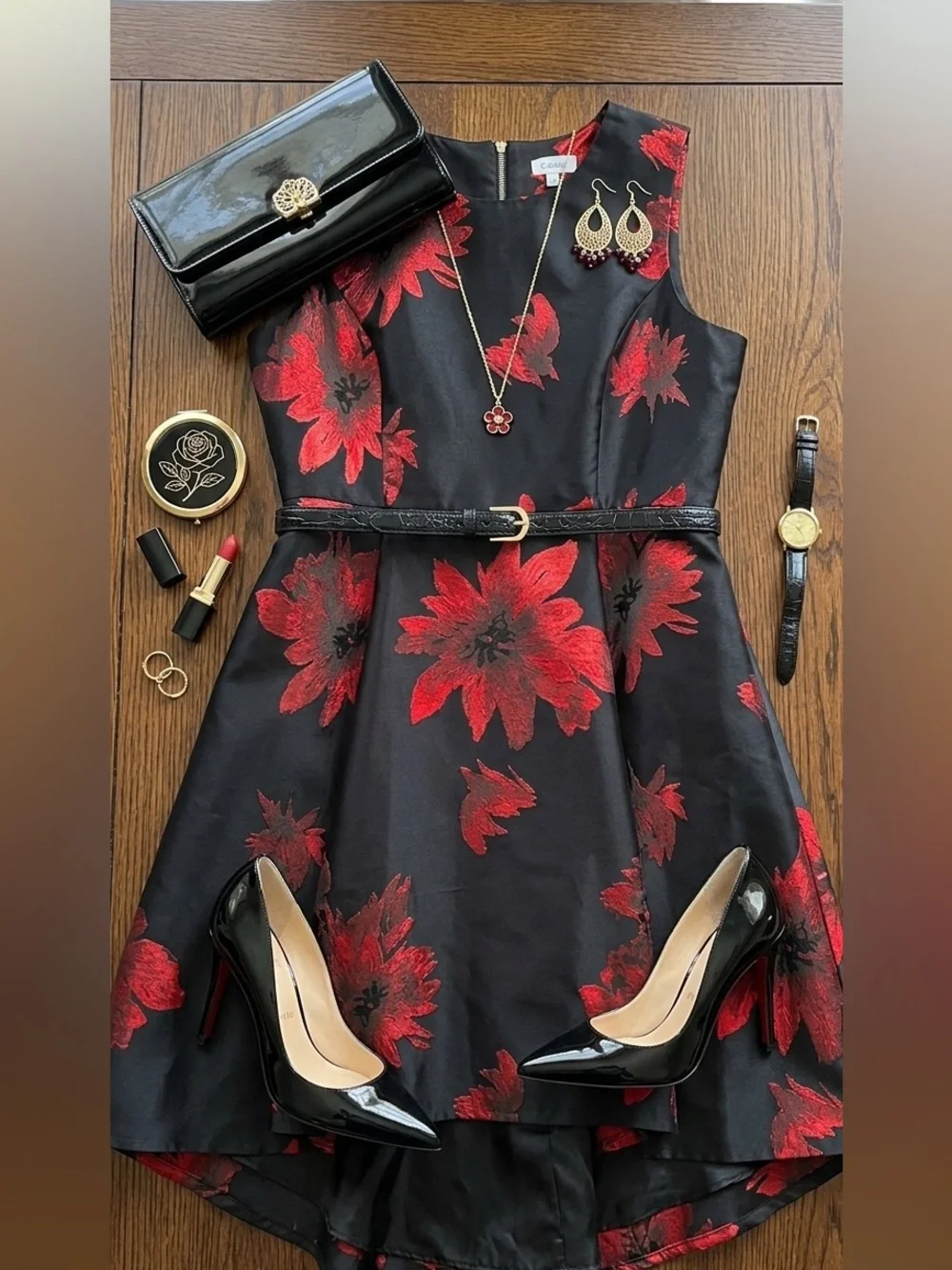Calvin Klein Black and Red Satin Dress with Floral Detail - Picture 1 of 9